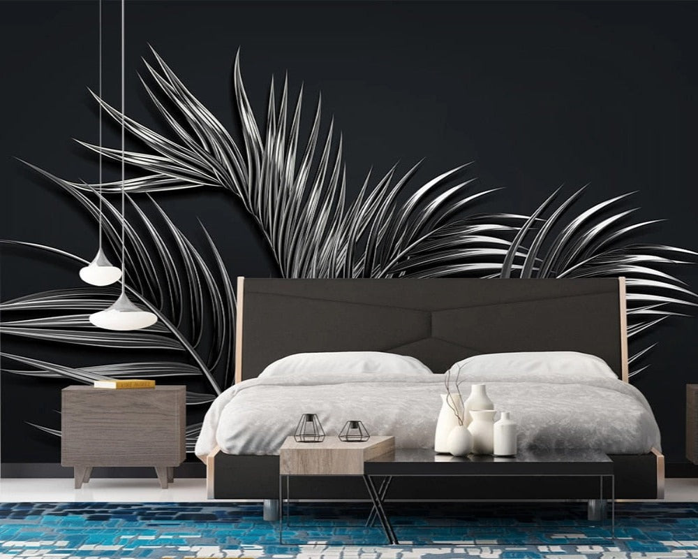 3D Wallpaper Black Tropical Steel Leaf